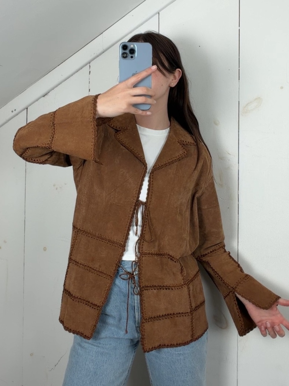 VTG Outbrook Brown Suede Leather Crochet‎ Patchwork Jacket Women’s M Tie Closure
